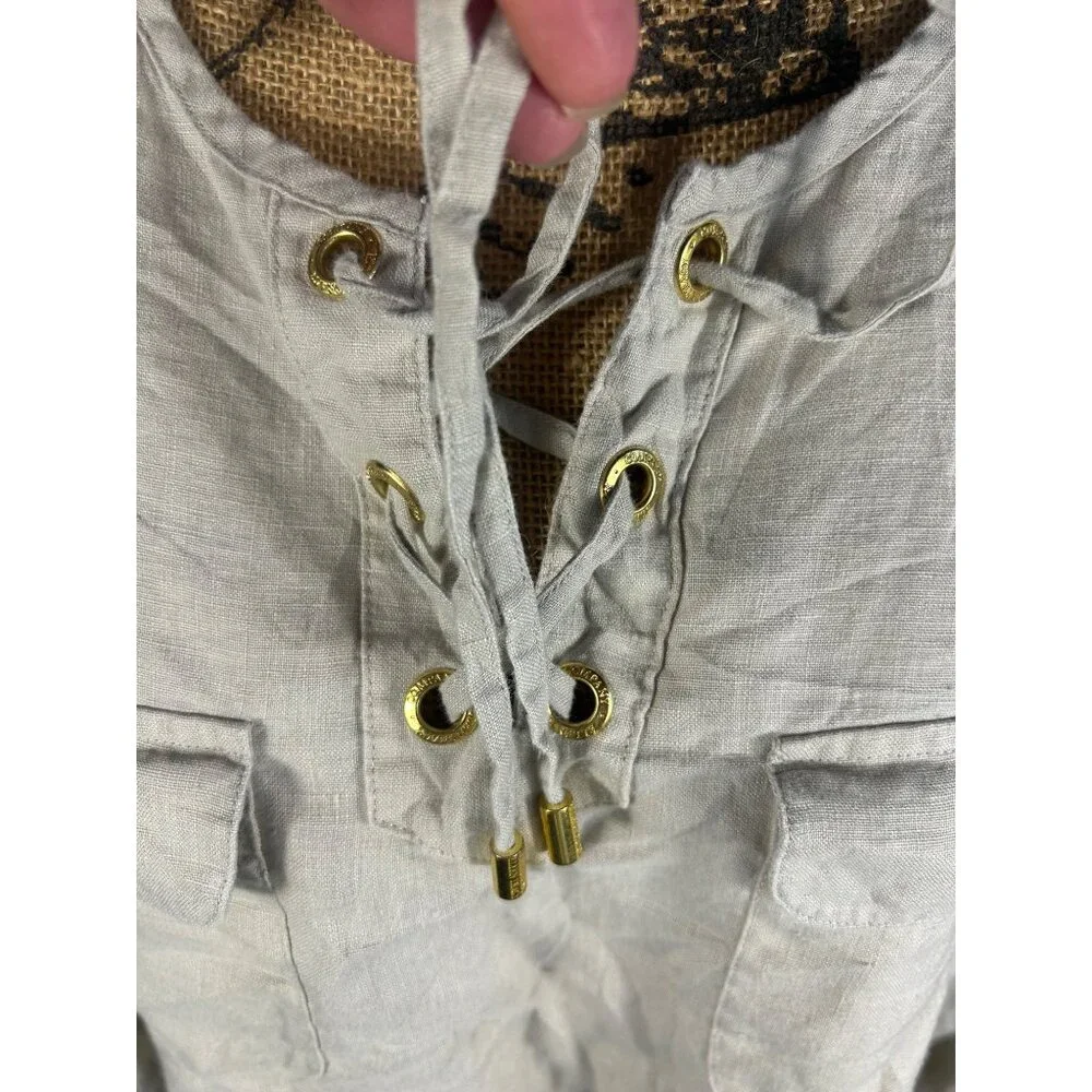 Ellen Tracy Womens Beige Linen Lace-Up Blouse Top With Pockets Size XL Lagenlook - Picture 6 of 6